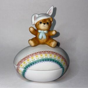Lucy And Me Bear Bunny On Top Of Easter Egg Shaped Trinket Dish Figurine Enesco